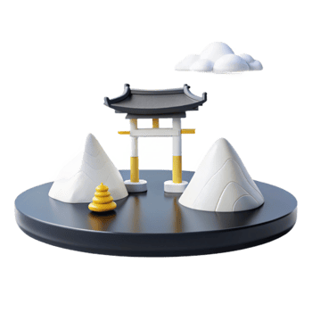 3D Scene with Pagoda and Mountains png