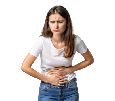 Young woman holding her stomach, expressing discomfort and pain png