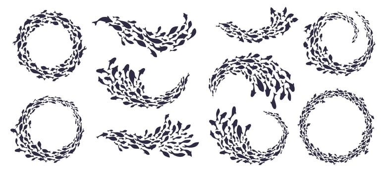 Fish swim in schools silhouette. Shoal of fish or tuna swarm in circular, spiral and wave shape. Marine life circle frame for aquarium, seafood or fishery emblem design. Isolated set vector