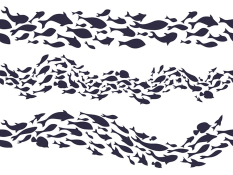 Fish school silhouette. Ocean marine life pattern of reef fishes, shoal of fish wavy line aquatic decor for seafood, aquarium or nautical design. Seamless horizontal divider illustration set vector
