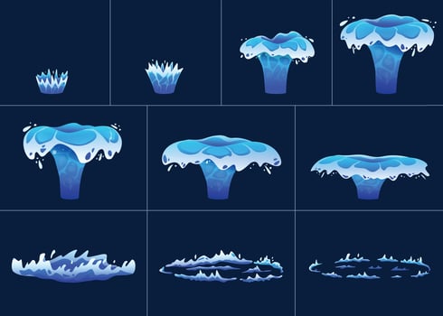 Water crown splash animation. Dynamic burst and splashing droplets with rebound effect and circular ripple. Fluid motion animated frames sequence cartoon set vector