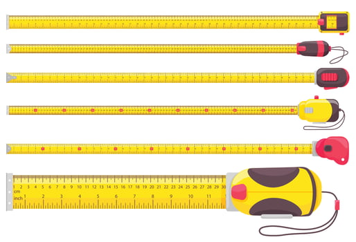 Carpenter measuring tape ruler. Yellow tape measures with metric and imperial measurements, inches and centimeters scales. Length isolated illustrations set vector