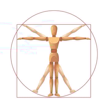 Vitruvian man mannequin. Wooden dummy sculpture in iconic Leonardo da Vinci art pose, human anatomy and body proportion model. Joint figure puppet illustration vector