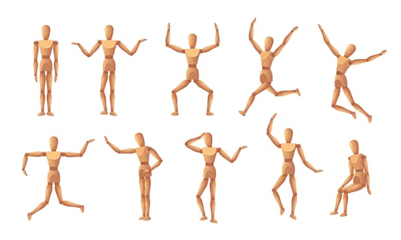 Wooden mannequin. Reference dummy body positions, wood human model statue toy with joint. Art mannequins in various dynamic poses cartoon isolated illustration set vector