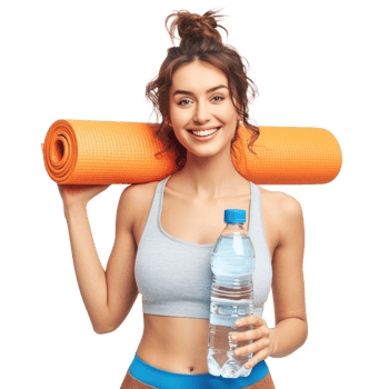 smiling young woman hand holding water bottle and yoga roll mat isolate on transparency background png