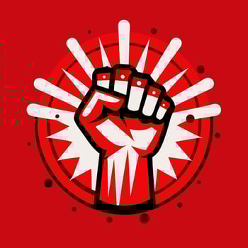 Fist hand up icon flat symbol, soviet, radical, patriotic freedom sticker, solidarity, uprising, propaganda, military, splashes, badge isolated on red, modern logo illustration vector