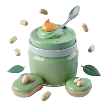Green Nut Butter in Jar with Spoon and Topped with Nut Butter png