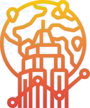 A city skyline with a globe and a map vector
