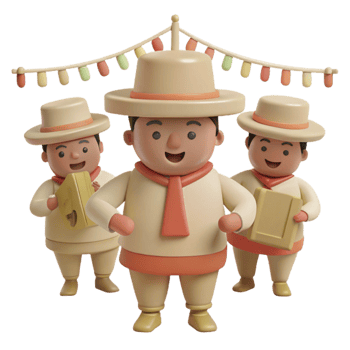 Three Cartoon Characters in Festive Attire with String Lights png