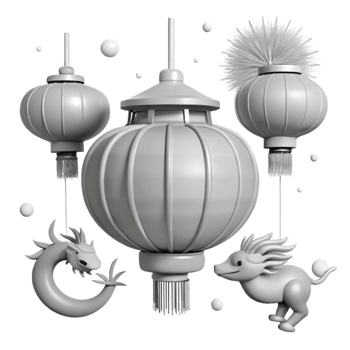 3D Render of Chinese Lanterns and Mythical Creatures png