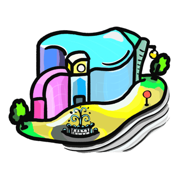 Cartoon shopping mall building design, colorful building illustration, building with street and fountain png