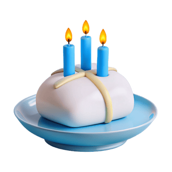 White Cake with Three Blue Candles on a Blue Plate png