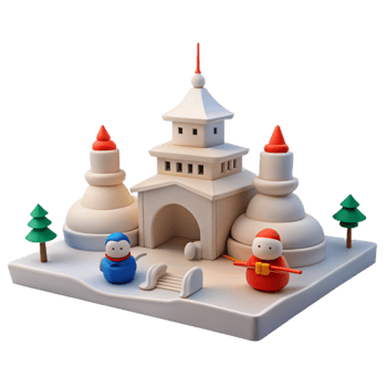 3D Rendered Scene with Pagoda and Snowmen png