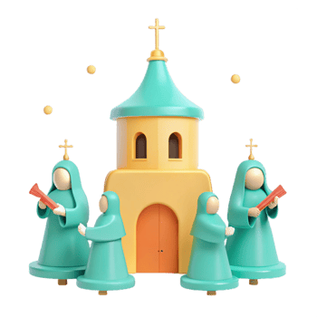 3D Render of Religious Figures Standing Outside a Church png