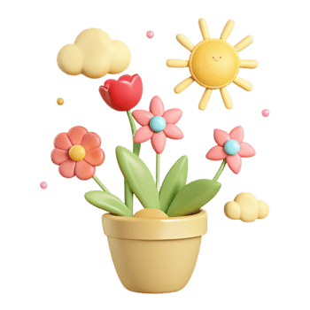 Cute 3D Flower Pot with Smiling Sun and Clouds png