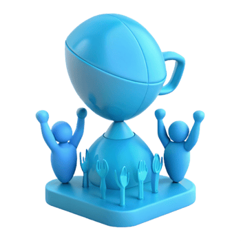 3D Render of Blue Trophy with Cheering Figures and Upturned Hands png