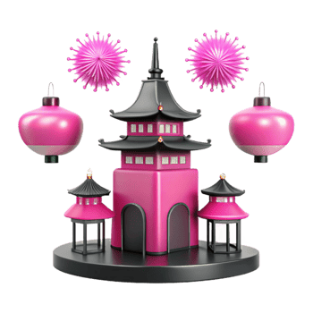 Pink Pagoda with Hanging Ornaments and Decorations png