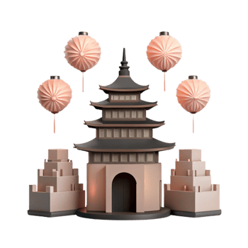 3D Render of a Pagoda with Lanterns png