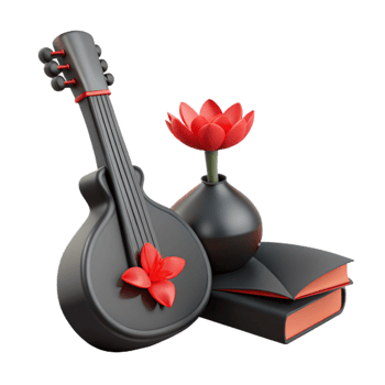 3D Rendered Still Life with Guitar, Flower, and Books png