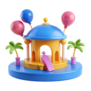 Colorful 3D Render of a Playful Gazebo with Balloons and Palm Trees png