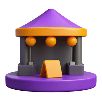 3D Cartoon Render of a Purple Tent with Orange Lights and Blank Sign png