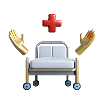 3D Medical Illustration of a Hospital Bed with a Red Cross and Two Golden Hands Reaching Up png