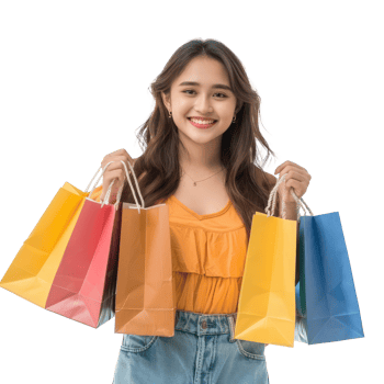 Smiling young woman with colorful shopping bag, standing isolate on transparency background png