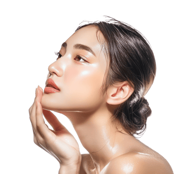 Beautiful young woman with clean fresh face skin and hand care gesture side view isolate on transparency background png