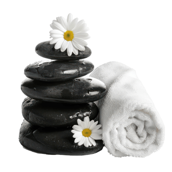 Black stack stones and white towel with fresh flower, spa concept isolate on transparency background png