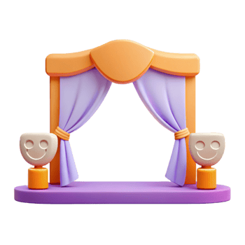 3D Render of Stage with Curtains and Smile Face Statues png