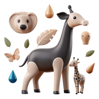 3D Rendered Giraffe Family with Leaves and Water Drops png
