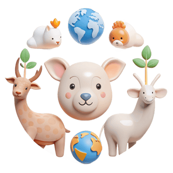 Cute Animals and Earth Globes 3D Render png