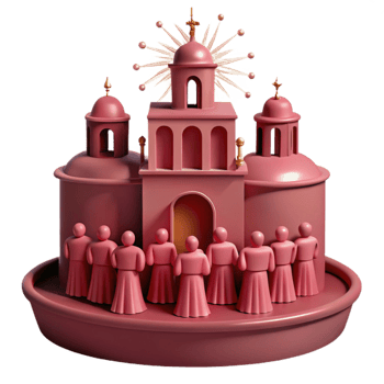 3D Render of Pink Church with Figures png