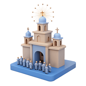 3D Render of Church with People and Fireworks png