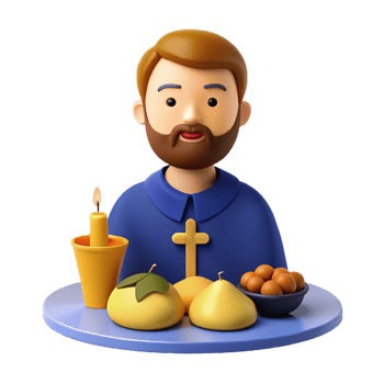 3D Illustration of a Religious Figure with a Cross, Candle, and Fruit png