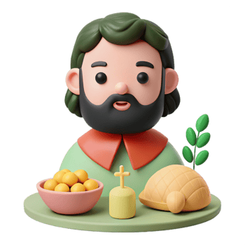 3D Character with a Beard and Cross Sitting at a Table with Food png