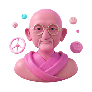Smiling Monk with Peace Symbol and Colorful Orbs png
