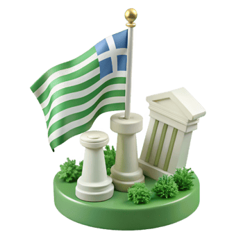 Green and White Striped Flag Waving with White Pillars and Green Bushes png