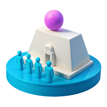 3D Illustration of People Waiting in Line for a Building with a Pink Sphere on Top png