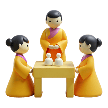 3D Cartoon Illustration of Three People in Traditional Clothing Around a Table png