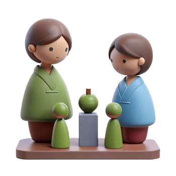 3D Illustration of Two People with Small Figures and an Apple on a Platform png