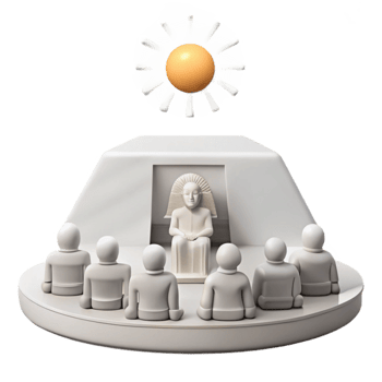 3D Illustration of a Figurine Seated in a Pyramid, Surrounded by Others, and a Sun Above png
