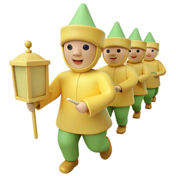 3D Cartoon Characters Holding Lanterns in a Line png
