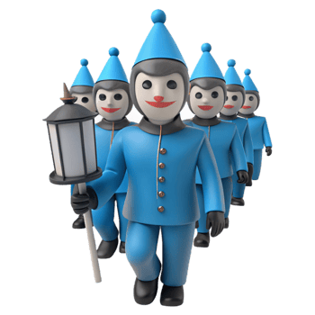 3D Cartoon Characters in Blue Uniforms Marching with a Lantern png