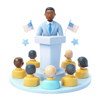 3D Rendering of a Politician Giving a Speech to a Diverse Audience png
