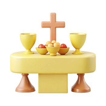 3D Render of a Table Setting with a Cross, Chalices, and Eggs png