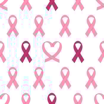 Breast Cancer Awareness Seamless Pattern. Pink October Month. Background with traditional and heart shaped pink ribbons in chess order. Flat illustration on white vector