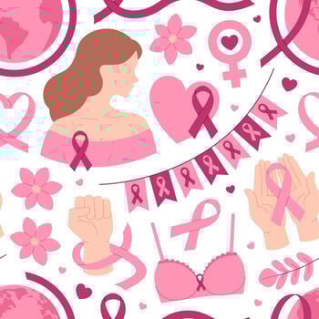 Breast Cancer Awareness Seamless Pattern. Pink October Month. Background with pink ribbons, woman, bra, hands, hearts, flags, earth and flowers. Flat illustration vector