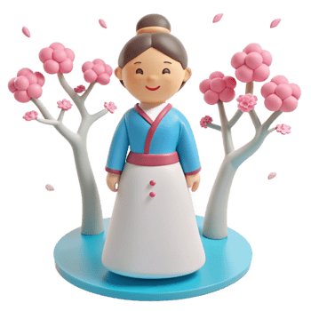 3D Cartoon Illustration of Woman Wearing Traditional Dress with Cherry Blossoms png
