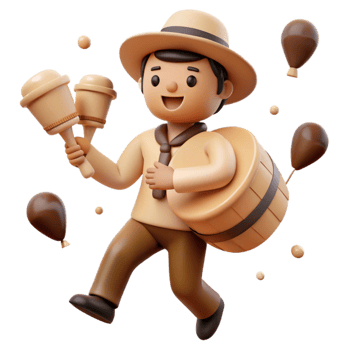 Cheerful 3D Character Playing Maracas and Carrying a Barrel png